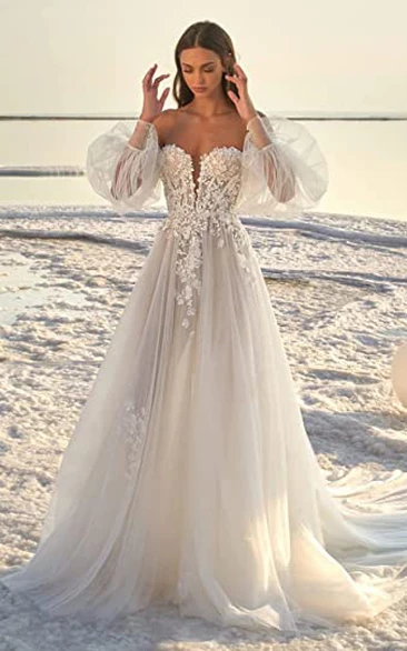 A-Line V-neck Chiffon Wedding Dress Elegant Casual Sexy Romantic Adorable Beach Garden With Balloon Long Sleeves And Appliques