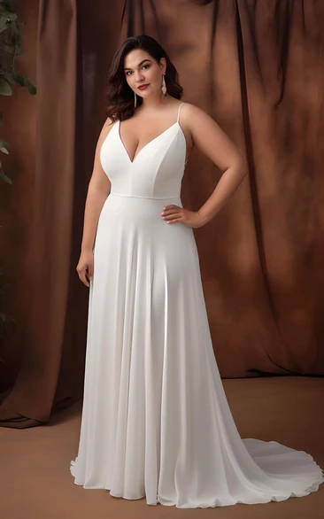 2023 A-Line Plus Size Satin Sleeveless Wedding Dress Simple Casual Sexy Ethereal Modern Spaghetti Floor-length Sweep Train