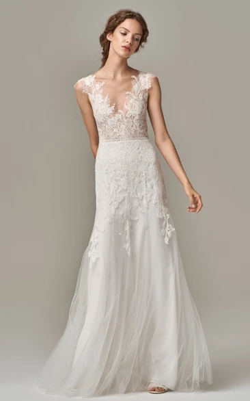 Elegant Lace Tulle V-neck Sheath Sleeveless Wedding Dress with Appliques and Deep-V Back 