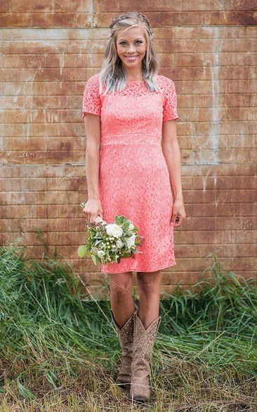Jewel Neck Sheath Short-sleeve Bridesmaid Dress
