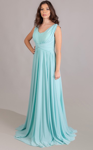 Elegant A Line Chiffon Floor-length Sleeveless Guest Dress with Ruching