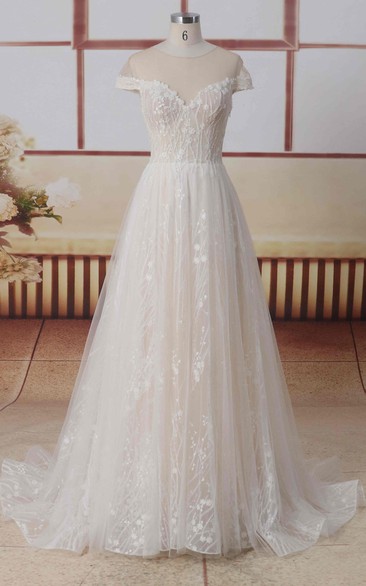 Illusion Back Tulle Jewel Neck Short Illusion Sleeves A-line Lace Wedding Dress With Pleats