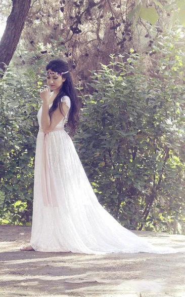 Boho Square Empire Backless Long Lace Wedding Dress With Sash And Flower