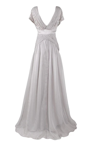 Short-sleeved A-line Long Dress With Sequins and Pleats - June Bridals