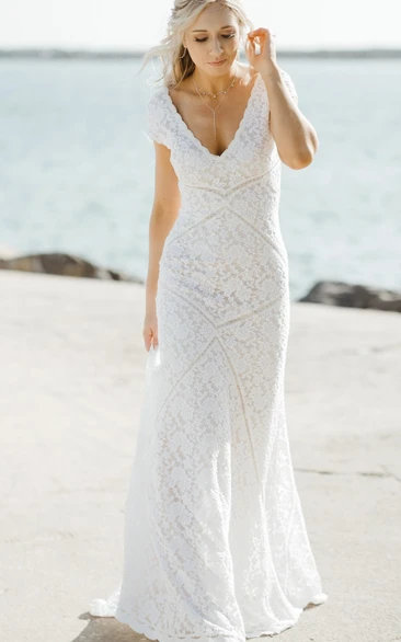 Modest Sheath Square V-neck Lace Wedding Dress with Short Sleeve Sweep Train