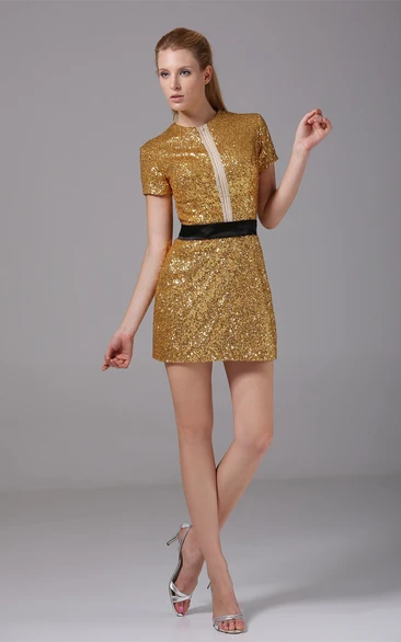 High-Neck Short-Sleeve Mini Dress with Zipper and Sequins