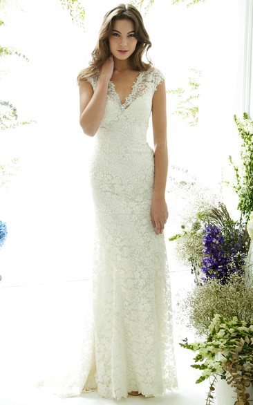 Floor-Length V-Neck Cap-Sleeve Lace Wedding Dress With Brush Train And Illusion