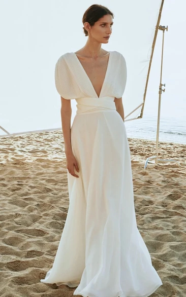 Simple A Line V-neck Chiffon Floor-length Wedding Dress with Sash