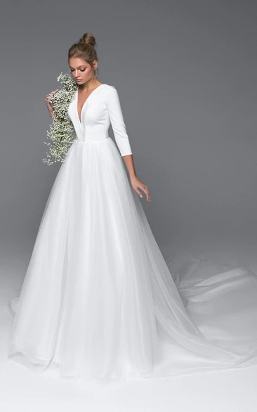 Modern A Line Satin V-neck Bridal Dress with Ruching