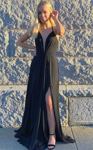Casual Floor-length Sleeveless Jersey A Line Low-V Back Evening Dress with Split Front