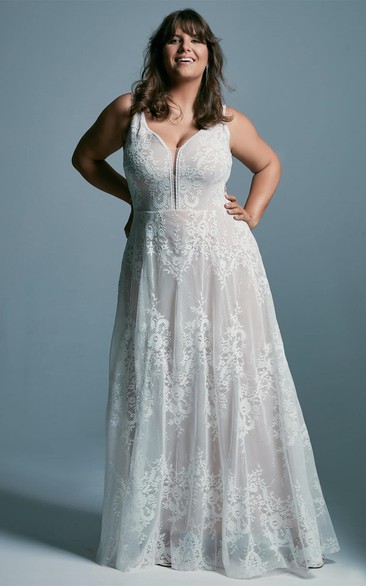 Simple Style A Line Lace Plus Size Wedding Dress with Ruching