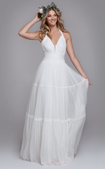 Bohemian Halter A Line Tulle Brush Train Wedding Dress with Ruching