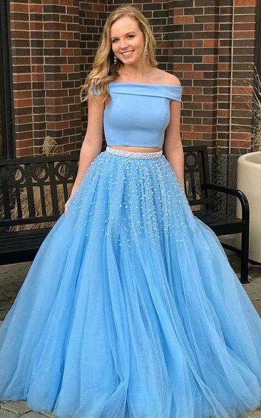 Simple Two Piece Satin Tulle Off-the-shoulder Sleeveless Prom Dress with Sash