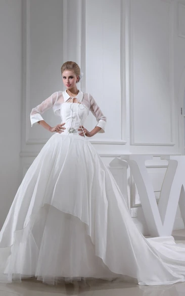 Noble Pleated A-Line Ball Gown With Collar and Illusion Sleeve