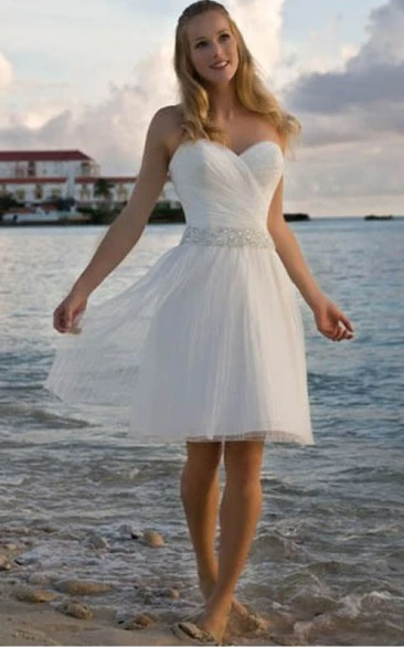 Elegant Sexy Beach A-Line Short Angelic Crisscross Ruched Bodice Dress with Beaded Waist Romantic Elopement Midi Sleeveless Bridal Gown