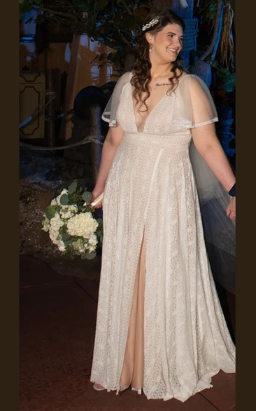 Plus Size Full Body Lace Comfort Wedding Dress Sheath V-neck Floor-length Beach Short Sleeve Bridal Gown