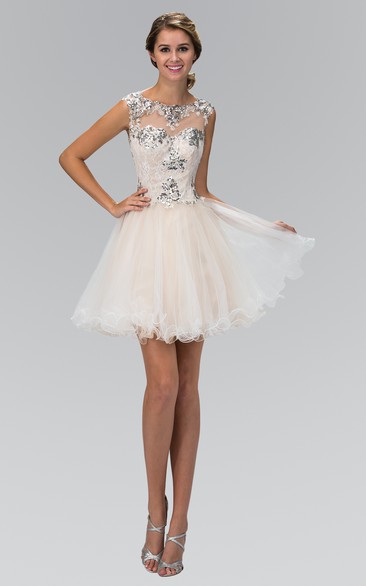 A-Line Short Scoop-Neck Cap-Sleeve Tulle Dress With Lace And Sequins