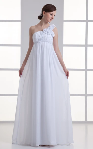 One-Shoulder Empire Chiffon Long Maternity Wedding Dress with Flower