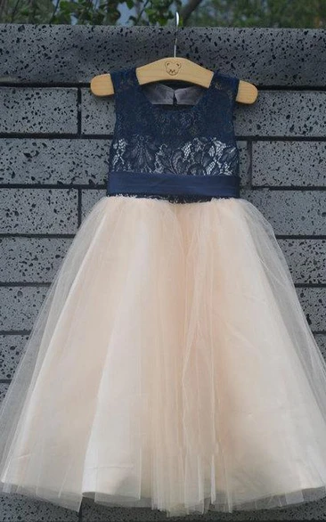 Lace Top Tulle Dress With Satin Belt