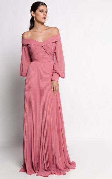 A Line Sexy Chiffon Prom Dress with Pleats and Poet Sleeves