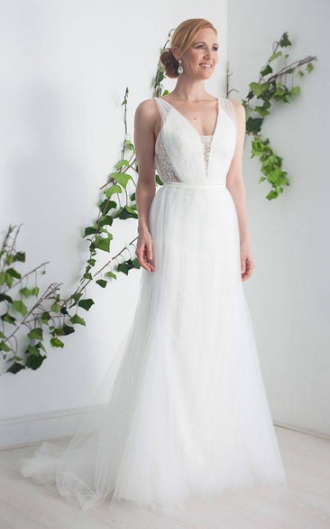 Tulle Satin Lace Button Wedding Dress