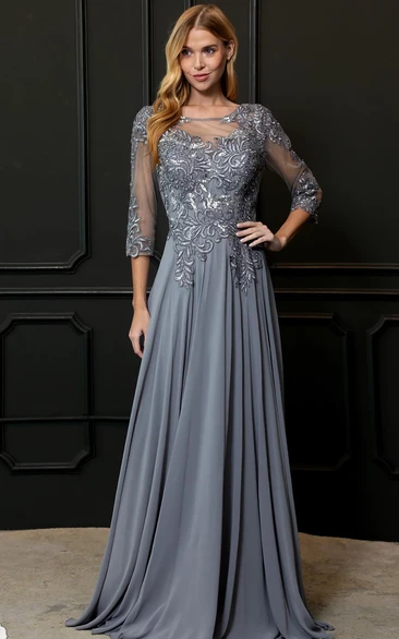 A-Line Chiffon Simple Bateau Neckline Evening Dress With Low-V Back And Appliques