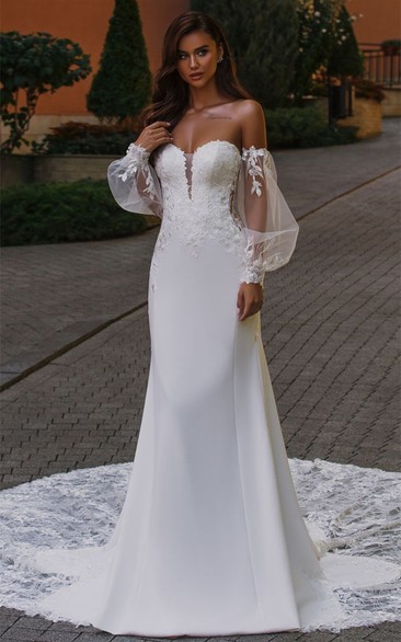 Ethereal Mermaid Plunging Neck Chiffon Tulle Wedding Dress with Appliques