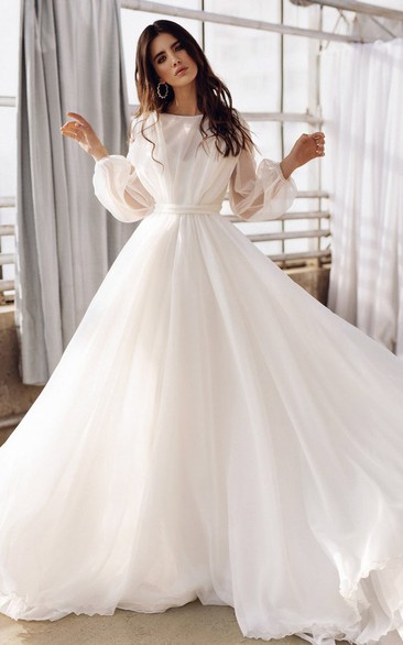 Casual A Line Floor-length Sweep Train Chiffon Bateau Long Sleeve Wedding Dress