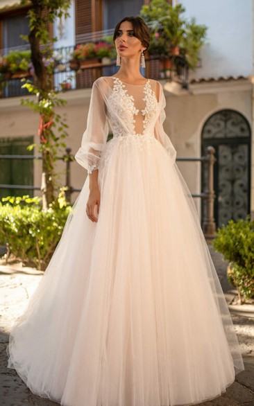Romantic Ball Gown Tulle Bateau Wedding Dress With Long Sleeve And Button Illusion Back