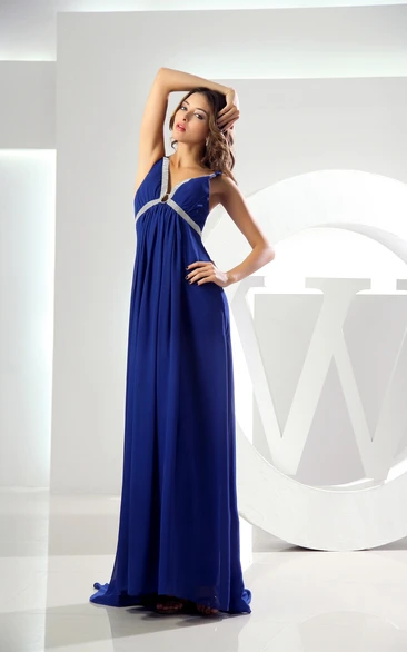 Plunged Empire Chiffon Dress with Beading and Pleats