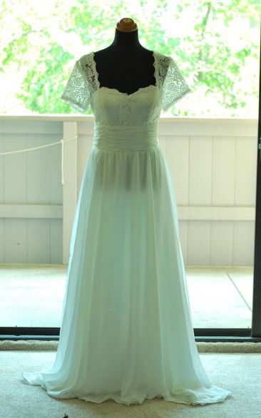 Retro Short Sleeve Floor-Length Chiffon Dress With Lace And Low-V Back
