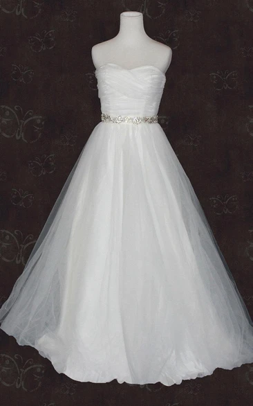 Sweetheart Lace-Up Back Organza Wedding Dress With Sash And Crystal Detailing