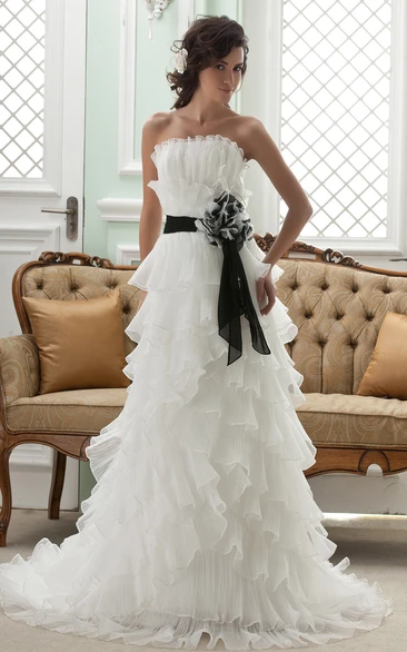 Strapless Ruffled A-Line Dress With Tiers and Ribbon