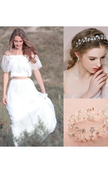 Off-The-Shoulder Chiffon Lace Wedding Dress and Bridal Crown Headdress Hair Band