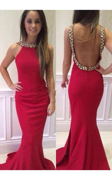Sexy Sleeveless Mermaid Red Prom Dress Open Back Crystals