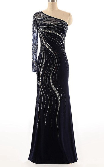 One-shoulder Long Sleeve Chiffon Dress With Beading&Sequins