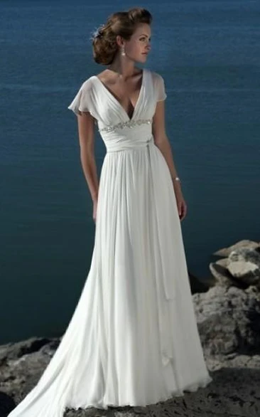 Empire V-neck Court Trains Chiffon Beach Wedding Dresses for Brides