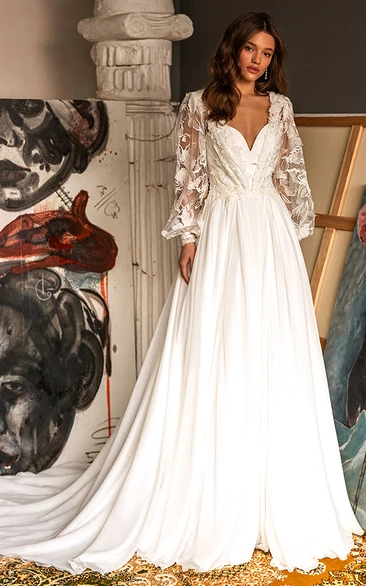 Simple A Line Chiffon Wedding Dress With Puff Sleeve And Sweetheart Neckline