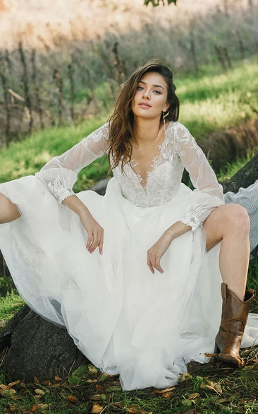 Bohemian Ethereal A-Line Plunging Neckline Flowers Lace Tulle Wedding Dress Romantic Garden Long Sleeve Floor-length Bridal Gown with Button V Back