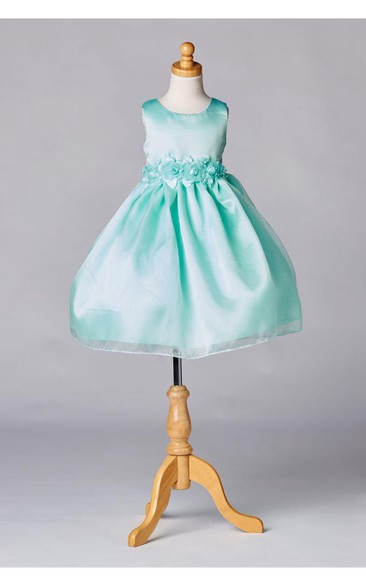 Sleeveless Jewel Neck Satin Organza Layered Skirt With Flower Waistline