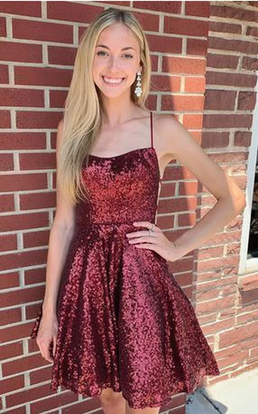 Romantic A Line Spaghetti Short Homecoming Dress With Cross Back And Sequins