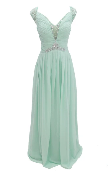 Cap-sleeve V-neck Chiffon A-line Gown With Crystal Detail