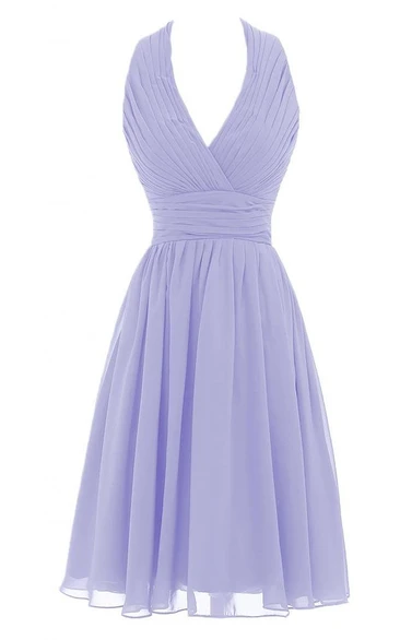 Halter V-neck Pleated Short Dress With Ruched Band