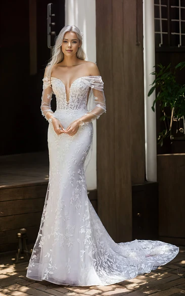 Sexy Romantic Lace Tulle Mermaid Off-the-shoulder Plunging Neckline Wedding Dress Floor-length Sleeveless Appliques Bridal Gown with Open Zipper Back Court Train