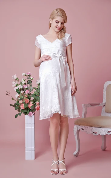 V-neck A-line Knee Length Lace Maternity Wedding Dress With Belt