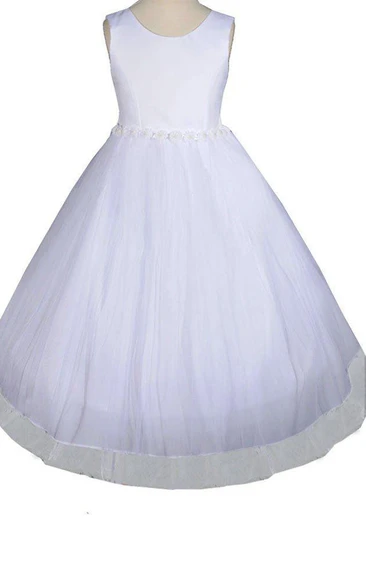 Sleeveless Scoop-neck A-line Tulle Dress With Flowers