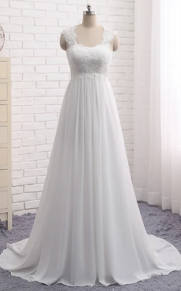 A-line Empire Elegant Queen Anne Lace Chiffon Bridal Dress With Key Hole And Lace-up