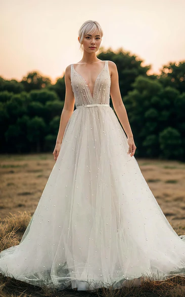 Romantic A-Line Plunging Neckline Tulle Straps Wedding Dress Elegant Ethereal Plus Size Floor-length Sleeveless Backless Beaded Bridal Gown with Sash