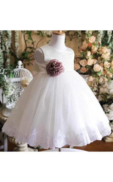 Sleeveless Jewel Neck Lace Waist Tulle Ball Gown With Beaded Detailing and Flower