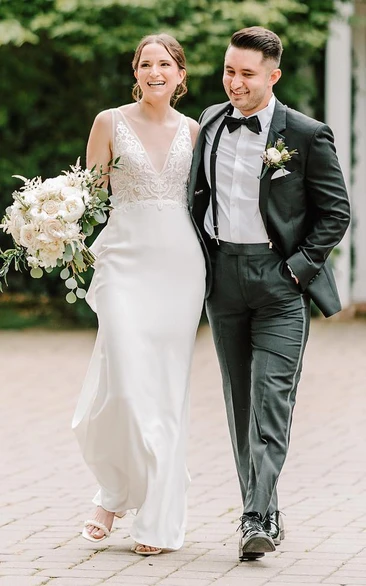 Elegant Sheath V-neck Satin Lace Bridal Gown with Low-V Back Floor-length